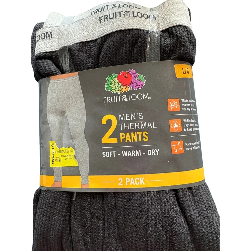 Fruit of the Loom 2 Pack Thermal Pants Men's Large Black Waffle Knit Underwear